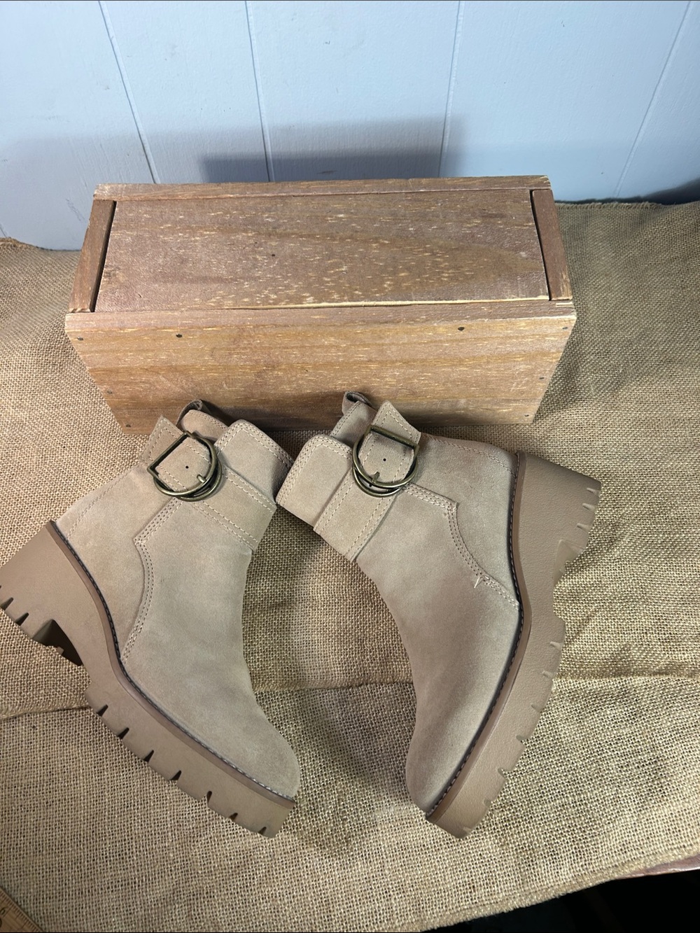 Blondo Taupe Suede Waterproof Lug-Sole Ankle Boots with Buckle - Picture 7 of 11